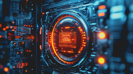 Fototapeta premium Intricate Close Up of a Modern Computer Featuring a Striking Red Light Illuminating the Key Components and Circuitry Creating a Futuristic and Tech Savvy Atmosphere for Innovation