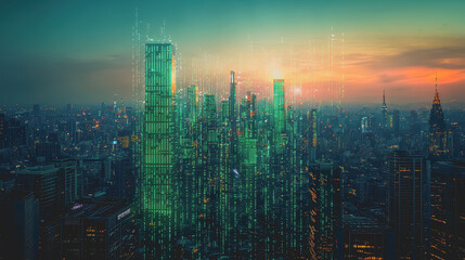 Fototapeta premium Vibrant Cityscape at Night with Dazzling Skyscrapers Illuminated by Colorful Lights Reflecting on the Water Creating a Lively Urban Atmosphere Capturing the Essence of City Life