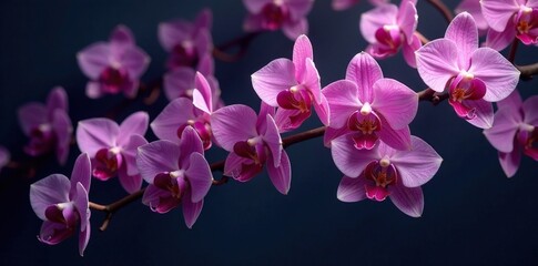 Delicate pink orchid flowers scattered on a dark background, delicate, bloom