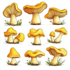 A set of nine mushrooms with varying sizes and shapes