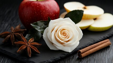 Red apple, white rose, anise, cinnamon, apple slices on slate.