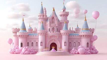 Pink fairytale castle with balloons and cake.