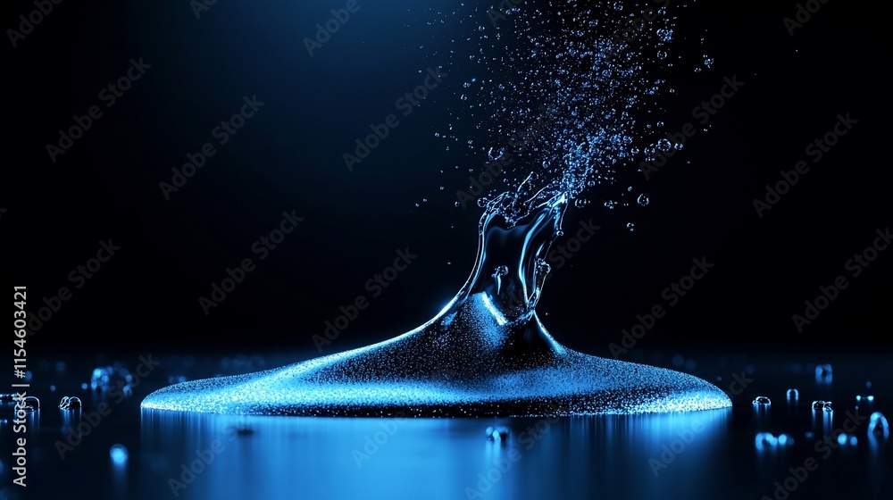 Poster blue liquid splashing, creating a crown-like shape with droplets.
