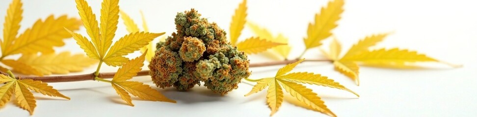 Fresh weed nugget with golden leaves on a white background, nature, leafy, organic