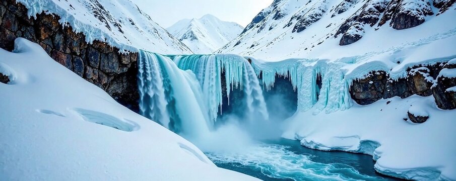 frozen waterfall on the slope of Nanga Parbat, snowy, winter, scenery