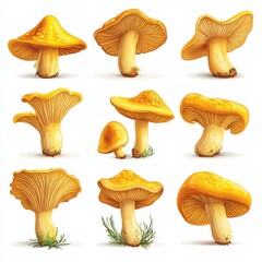 A set of nine mushrooms, all of which are yellow