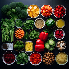 High Angle Shot of Mixed Fresh and Processed Food Ingredients in Artful Arrangement