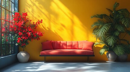 Obraz premium Modern Interior Design, Sunny Living Room with Red Sofa. Concept of Cozy, Tropical Style.