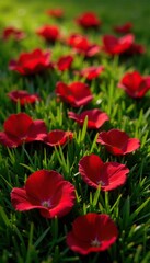 Fototapeta premium Red rose petals scattered on a bed of soft green grass, floral, foliage