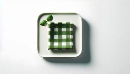 Elegant Table Setting with Green Checkered Napkin and Sprig of Leaves