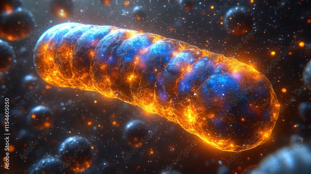 Poster microscopic view of a glowing, segmented, rod-shaped cell with fiery and icy textures, surrounded by