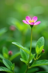 Fototapeta premium slender green stem with a single pink flower is nestled among leafy greens and stems, detail, flower