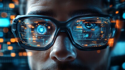 Man wearing futuristic glasses displaying digital data