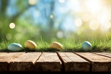 A serene Easter morning unfolds, with colorful eggs on lush green grass, illuminated by soft sunlight filtering through trees, creating a joyful atmosphere of celebration and appreciation of nature