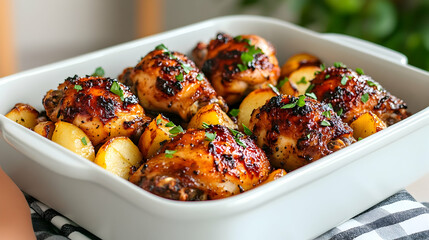 Roasted chicken and potatoes in baking dish, kitchen setting, food photography, recipe blog.