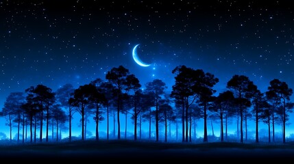 Crescent moon over silhouetted pine forest at night.