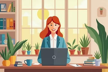 A professional sitting at a desk with a laptop, surrounded by houseplants, books, and a coffee cup. The background features a cozy home interior with a window showing a sunny day.