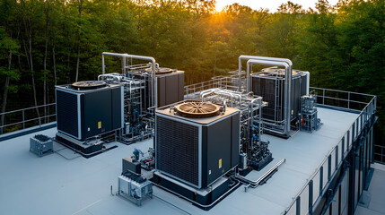 Rooftop Industrial Chillers Sunset Forest.