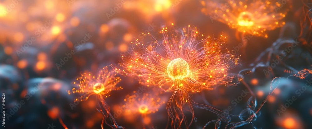Poster abstract depiction of glowing neural connections and synapses in a vibrant setting.