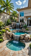 Obraz premium Waterfall and swimming pool in the yard, real estate 