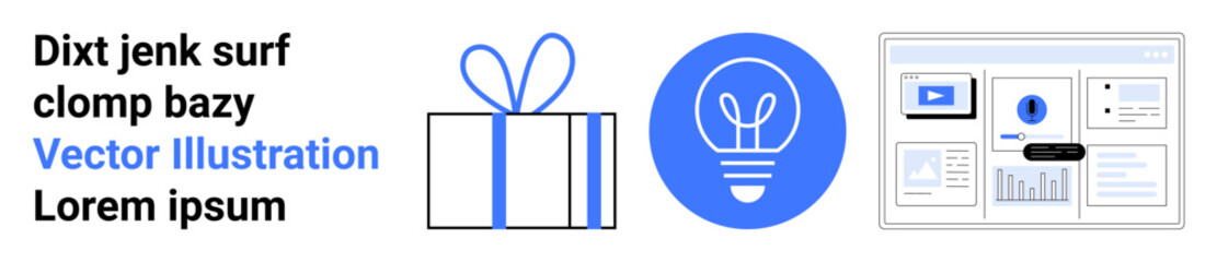 Gift box, lightbulb icon, website screens on device interface. Ideal for creativity, innovation, marketing, presentation, web design business strategy technology advancement. Landing page