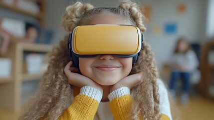 Happy girl using VR headset.