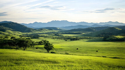 Fototapeta premium Serene Cattle Grazing in Lush Green Valley, Mountain Panorama Background, Peaceful Nature Landscape.