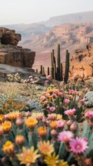 A vibrant desert landscape adorned with colorful flowers and cacti.