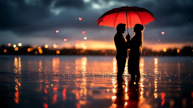 Silhouette of couple embracing under red umbrella in rain. - Powered by Adobe