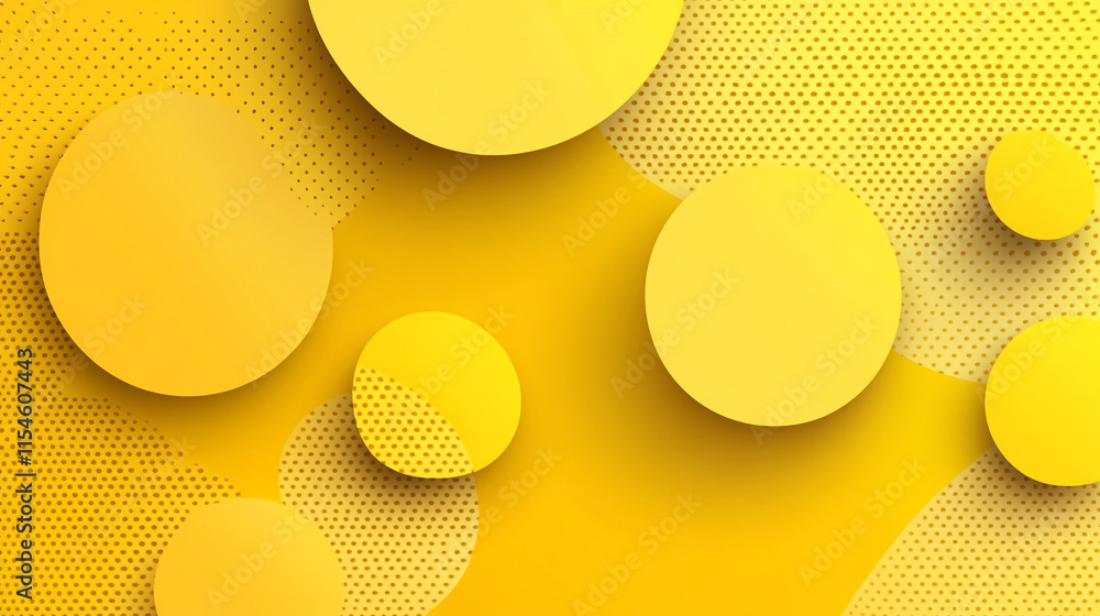 Poster abstract design featuring varying sizes of yellow circles on a textured background.
