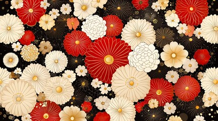 Red, white, gold flowers on black background.