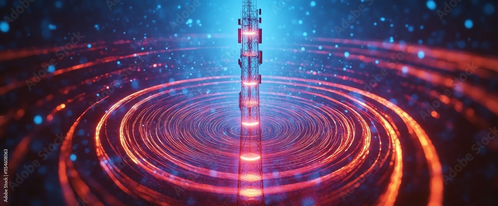 Poster abstract visualization of a communication tower with glowing energy waves.