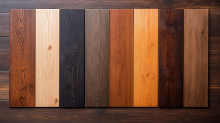 Wood Stain Color Palette: A rich collection of stained wood samples showcasing a variety of colors and finishes. Perfect for interior design projects, woodworking, and home improvement.