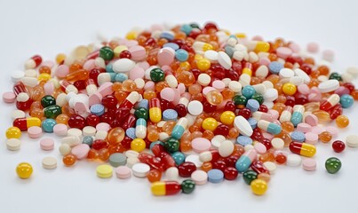 A large pile of assorted colorful pills and capsules on a white background.