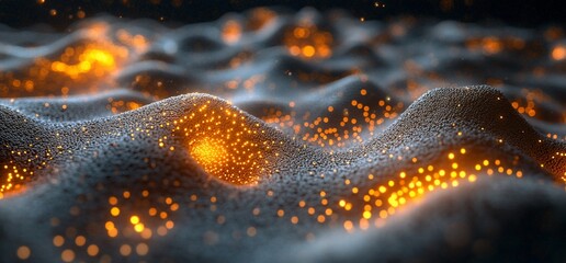 Abstract representation of glowing particles on textured surfaces.
