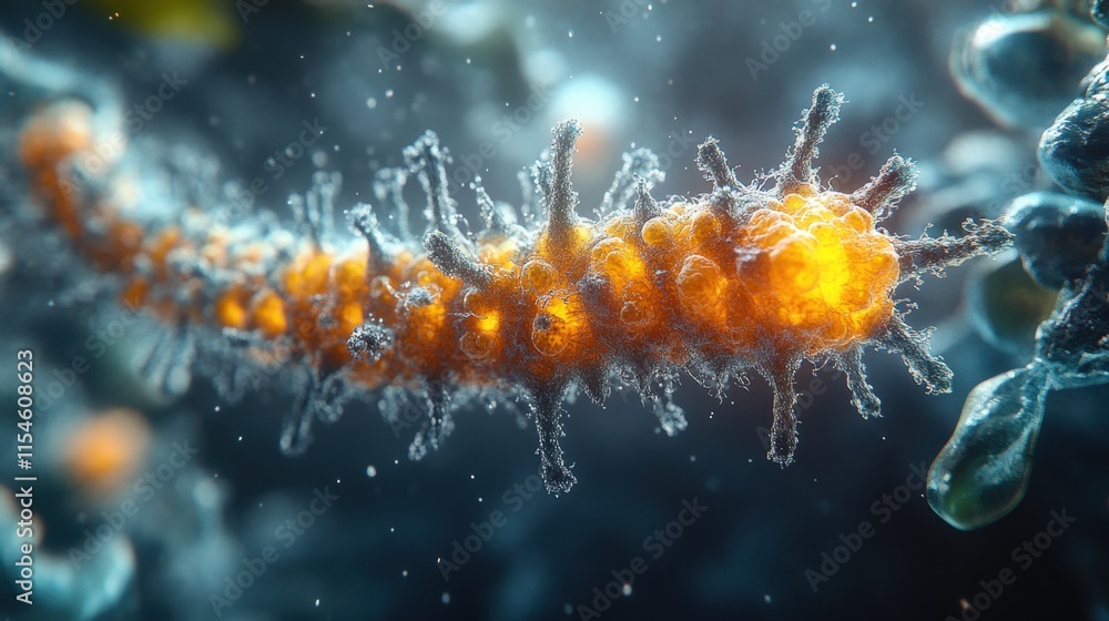 Poster microscopic view of a virus with spiky surface and glowing core.