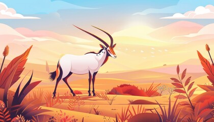 A stylized antelope stands in a vibrant, colorful desert landscape.