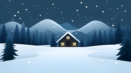 Snowy Mountain Cabin Night Landscape Winter Holiday Card.