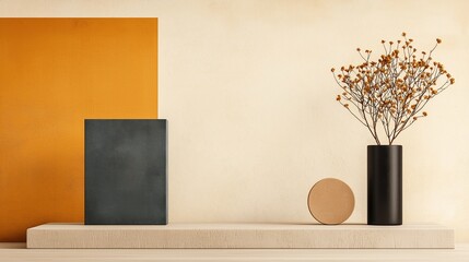 Minimalist autumn still life with dried flowers, geometric shapes, and muted tones.