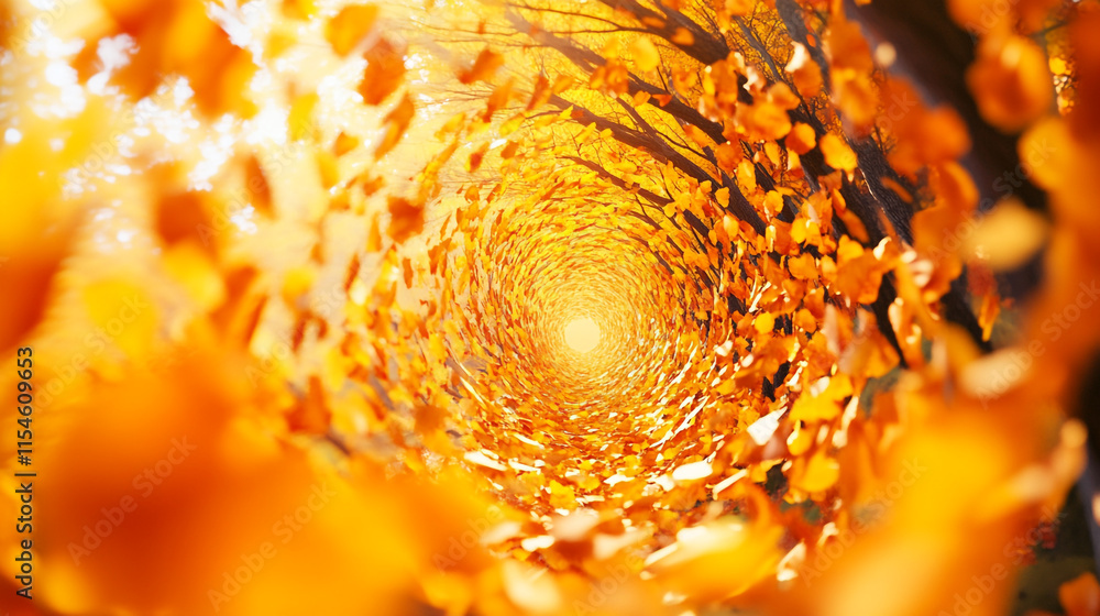 Poster golden autumn leaves create a mesmerizing vortex of color in the forest.