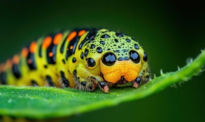 Fototapeta premium Close-up of a vibrant caterpillar on a green leaf.