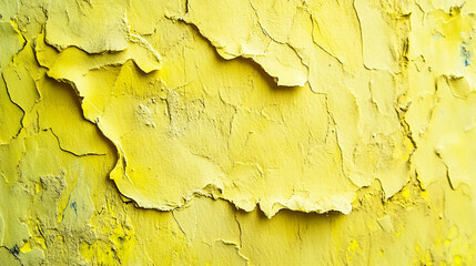 Obraz premium Yellow textured wall with peeling paint revealing underlying layers in daylight. 
