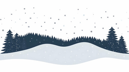 Snowy Winter Landscape Illustration, Snow Falling, Coniferous Forest, Hills, Holiday Design.