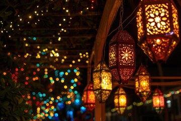 Obraz premium Colorful lanterns illuminate a festive outdoor setting.