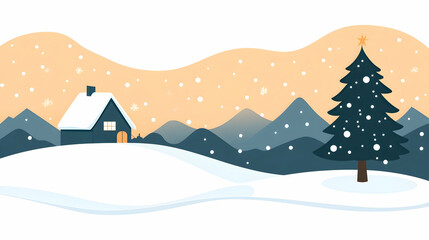 Snowy Winter Mountain Cabin Christmas Tree Landscape Illustration.