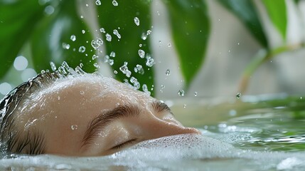 Fototapeta premium Serene moment of relaxation as water falls gently, surrounded by lush green leaves.