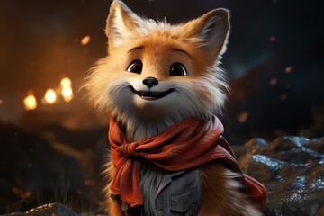 Adorable cartoon fox wearing scarf.