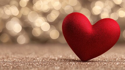 A sparkling red heart sits on a shimmering surface, embodying love and romance with a warm, inviting glow.