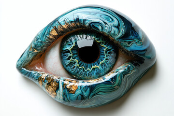 Close-up of a blue eye adorned with gold leaf.