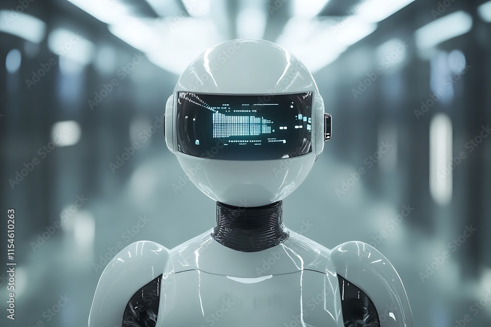 Poster futuristic robot with display, concept of ai and technology